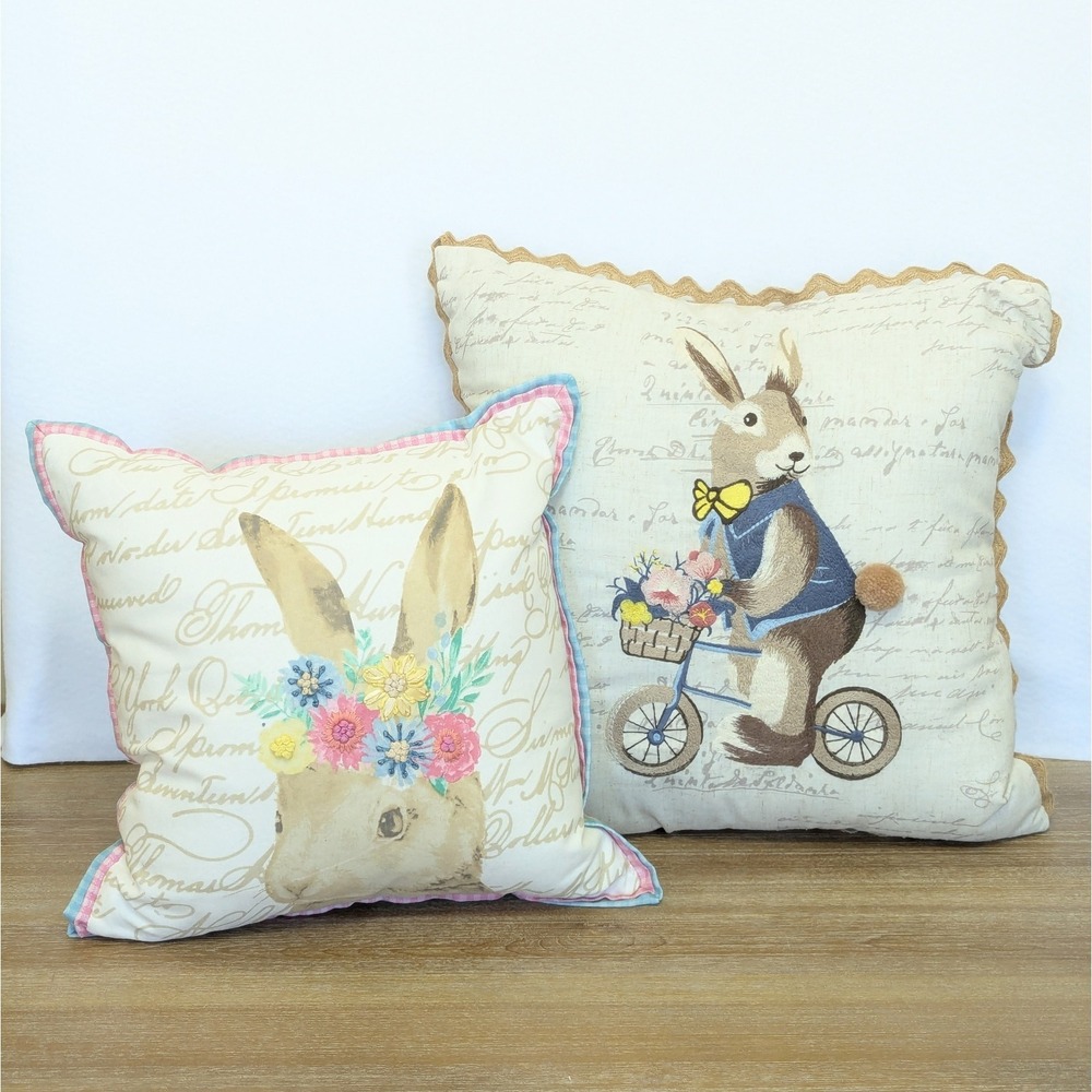 Pier 1 Imports Bunny Rabbit Easter Spring Pillow Set Flowers Embellished Decor